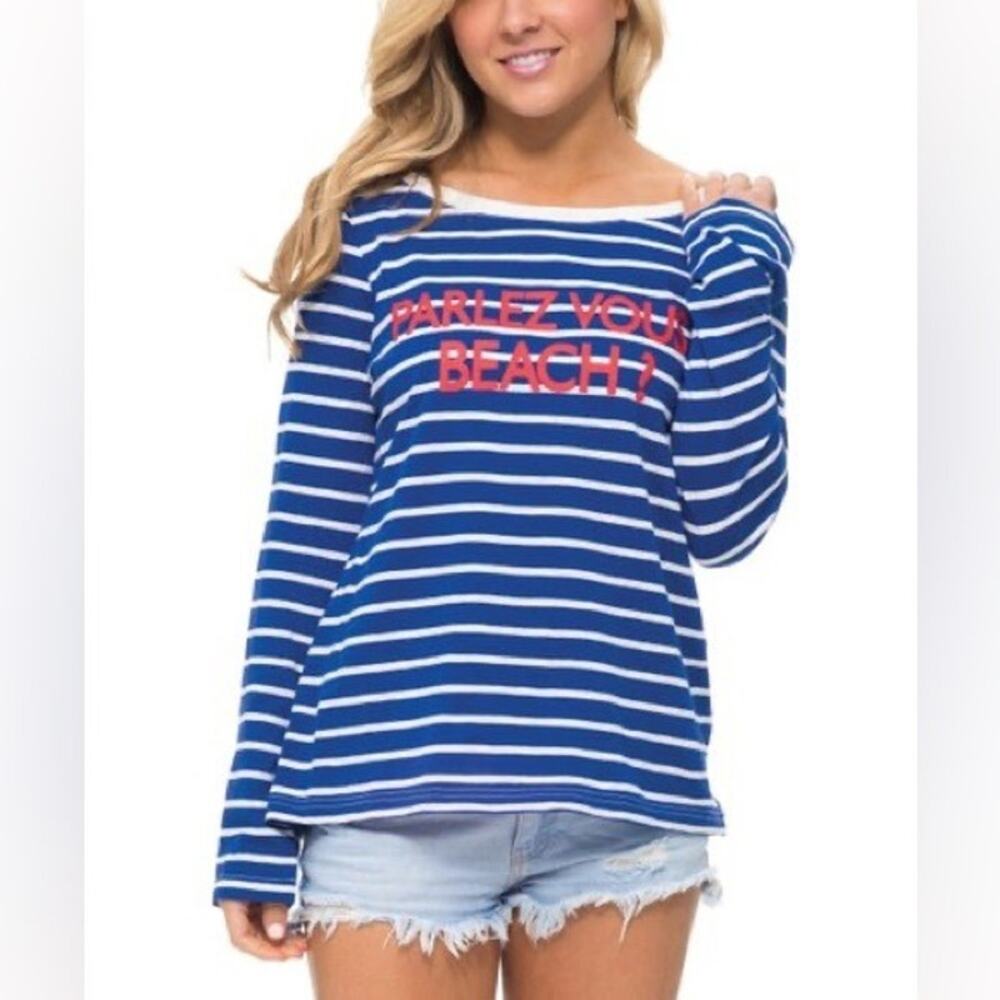 MACBETH Blue Striped Nautical French Beach Summer Resort Top XS Long Sleeve NWT